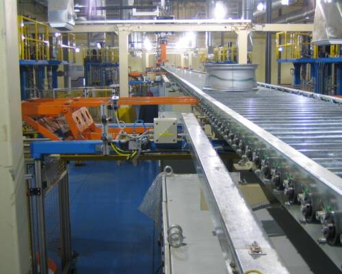 Alloy wheels on a Movin conveyor within an automotive production process